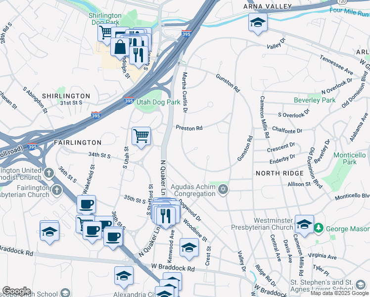 map of restaurants, bars, coffee shops, grocery stores, and more near 3321 Martha Custis Drive in Alexandria