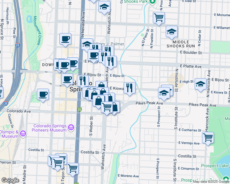 map of restaurants, bars, coffee shops, grocery stores, and more near 417 East Kiowa Street in Colorado Springs