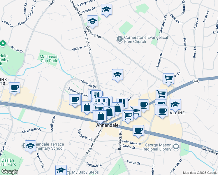 map of restaurants, bars, coffee shops, grocery stores, and more near 7260 Glen Hollow Court in Annandale
