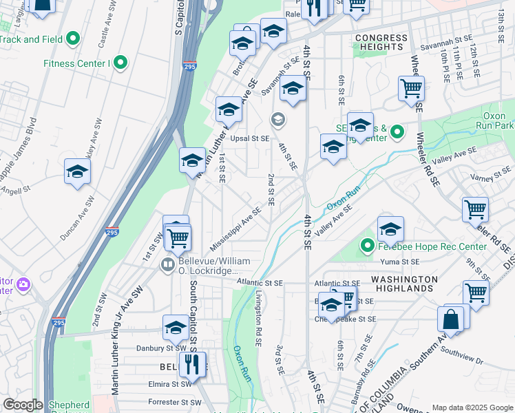 map of restaurants, bars, coffee shops, grocery stores, and more near 166 Mississippi Avenue Southeast in Washington