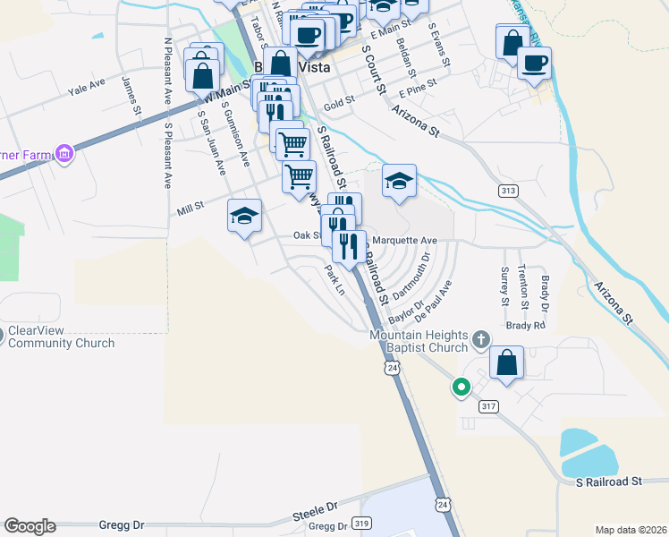 map of restaurants, bars, coffee shops, grocery stores, and more near 708 U.S. 24 in Buena Vista