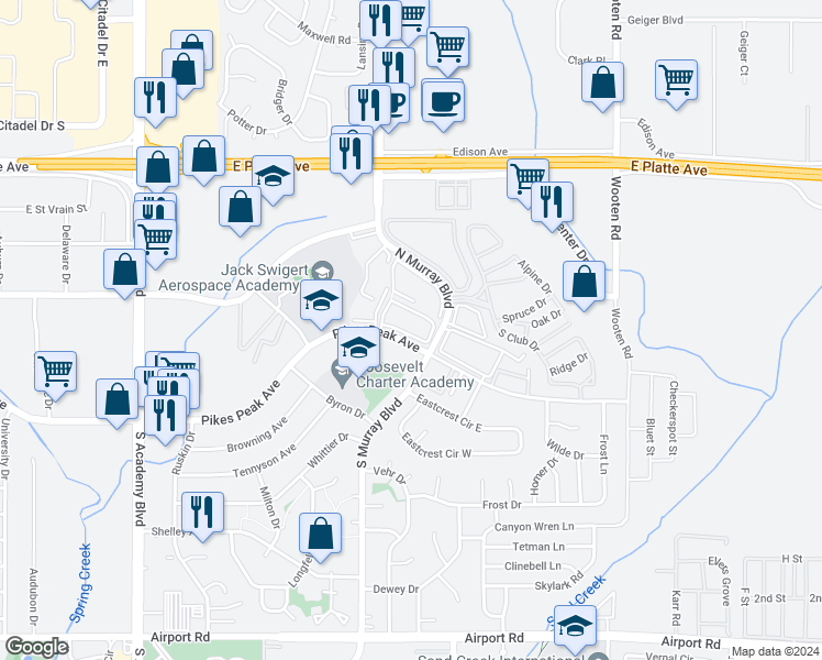 map of restaurants, bars, coffee shops, grocery stores, and more near 4390 East Pikes Peak Avenue in Colorado Springs