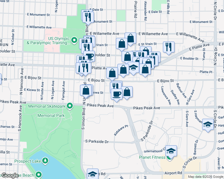 map of restaurants, bars, coffee shops, grocery stores, and more near 113 Iowa Avenue in Colorado Springs