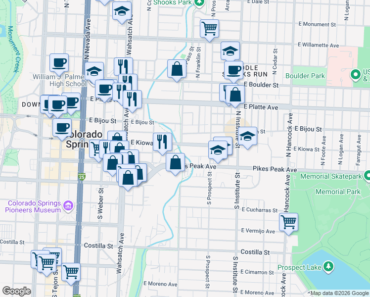 map of restaurants, bars, coffee shops, grocery stores, and more near 702B East Kiowa Street in Colorado Springs