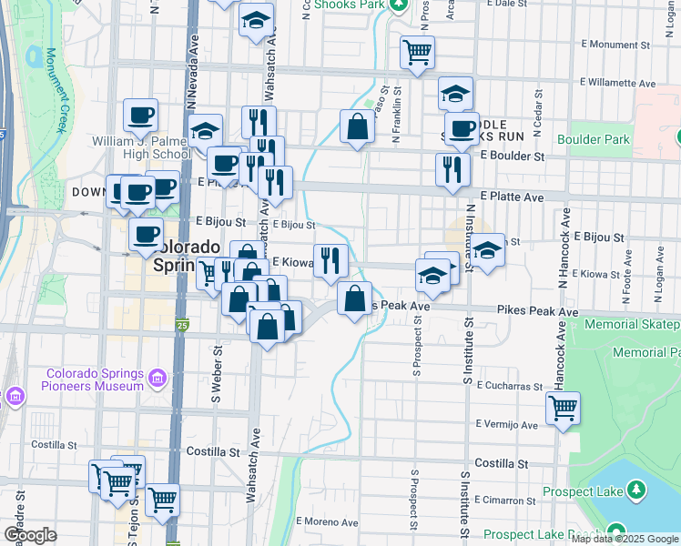 map of restaurants, bars, coffee shops, grocery stores, and more near 525 East Kiowa Street in Colorado Springs