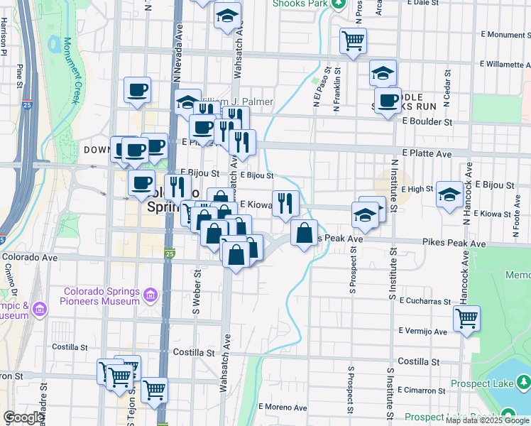 map of restaurants, bars, coffee shops, grocery stores, and more near 27 North Corona Street in Colorado Springs