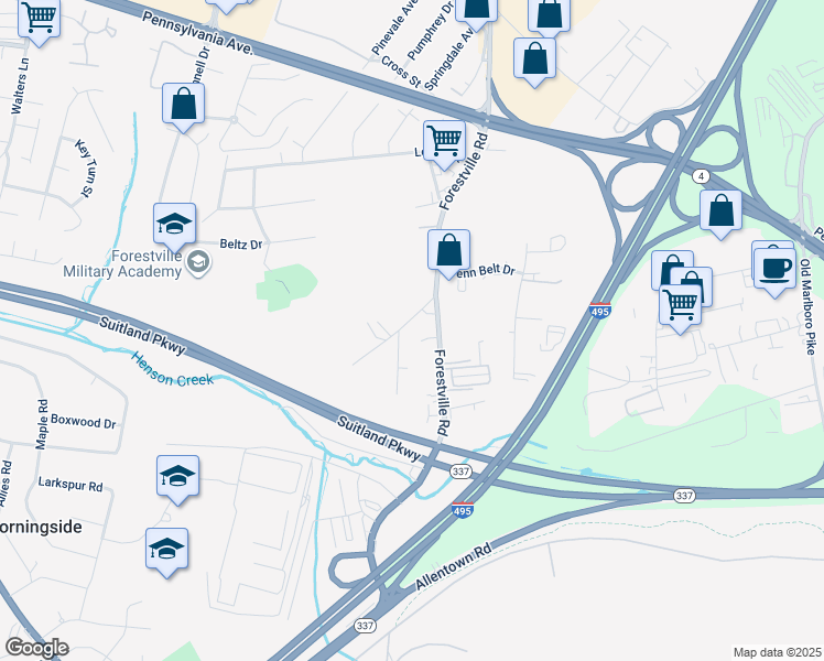 map of restaurants, bars, coffee shops, grocery stores, and more near 4020 Suit Road in District Heights