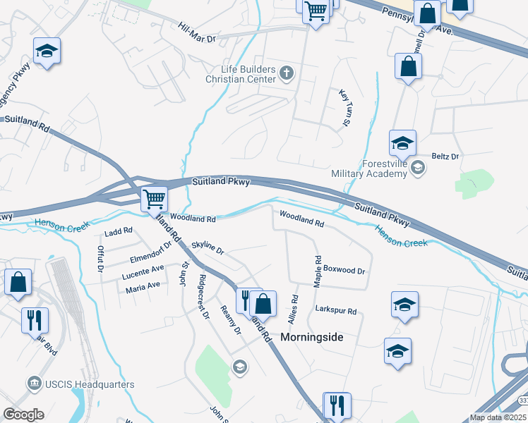 map of restaurants, bars, coffee shops, grocery stores, and more near 6519 Woodland Road in Morningside