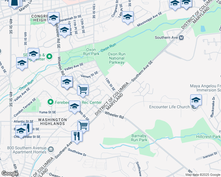 map of restaurants, bars, coffee shops, grocery stores, and more near 1218 Southern Avenue Southeast in Washington