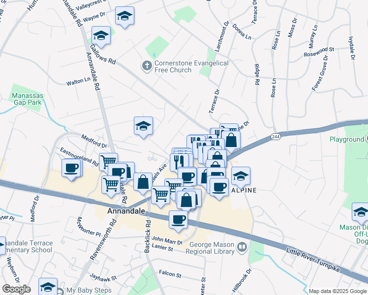 map of restaurants, bars, coffee shops, grocery stores, and more near 7124 Dale Court in Annandale