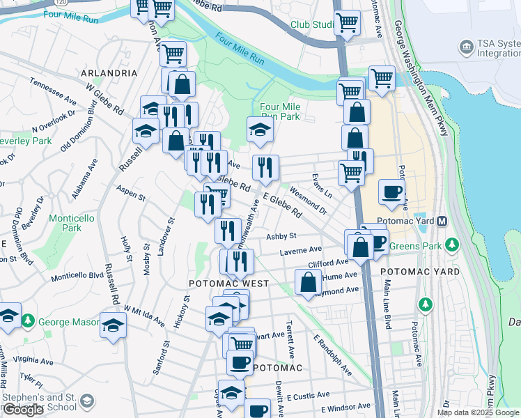 map of restaurants, bars, coffee shops, grocery stores, and more near 3313 Commonwealth Avenue in Alexandria