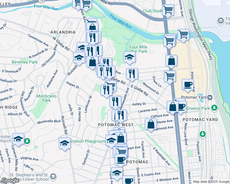 map of restaurants, bars, coffee shops, grocery stores, and more near 39 Herbert Street in Alexandria