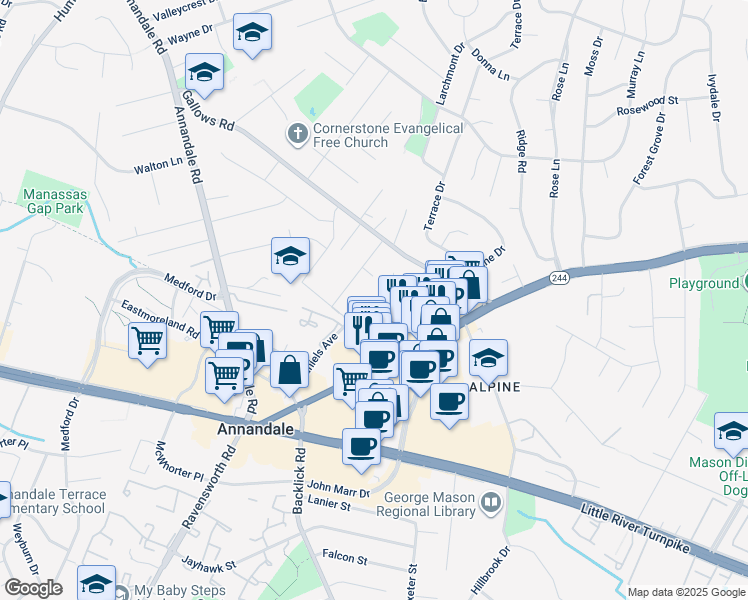 map of restaurants, bars, coffee shops, grocery stores, and more near 7124 Dale Court in Annandale