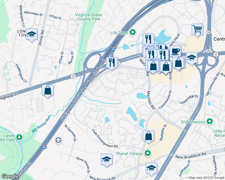 map of restaurants, bars, coffee shops, grocery stores, and more near 14401 Cool Oak Lane in Centreville