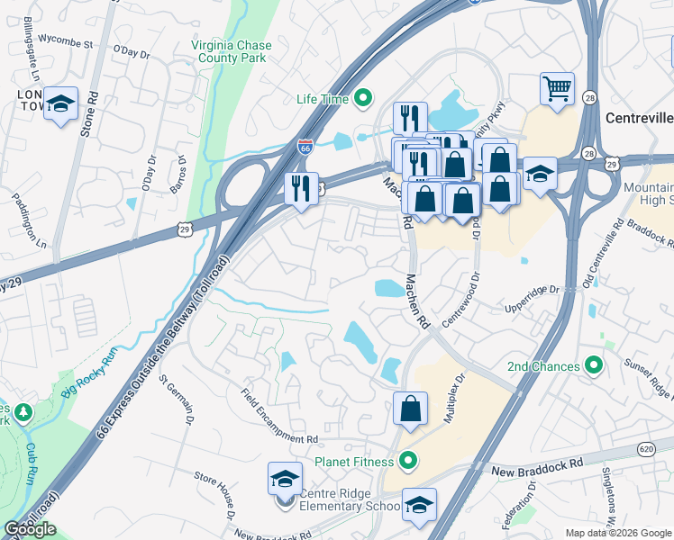 map of restaurants, bars, coffee shops, grocery stores, and more near 14322 Climbing Rose Way in Centreville