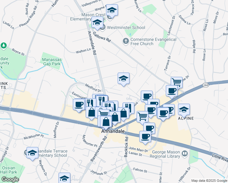 map of restaurants, bars, coffee shops, grocery stores, and more near 7260 Glen Hollow Court in Annandale