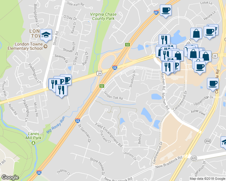 map of restaurants, bars, coffee shops, grocery stores, and more near 14487 Rustling Leaves Lane in Centreville