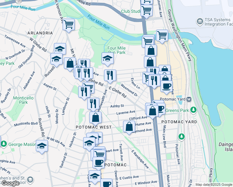 map of restaurants, bars, coffee shops, grocery stores, and more near 26 Auburn Court in Alexandria
