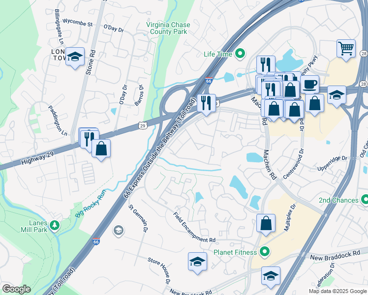 map of restaurants, bars, coffee shops, grocery stores, and more near 14487 Rustling Leaves Lane in Centreville