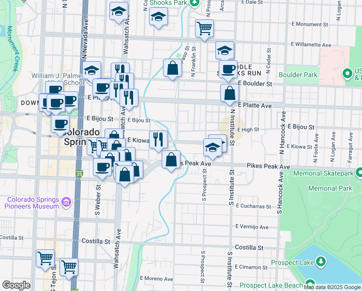 map of restaurants, bars, coffee shops, grocery stores, and more near 702B East Kiowa Street in Colorado Springs