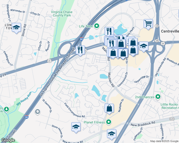 map of restaurants, bars, coffee shops, grocery stores, and more near 14322 Climbing Rose Way in Centreville