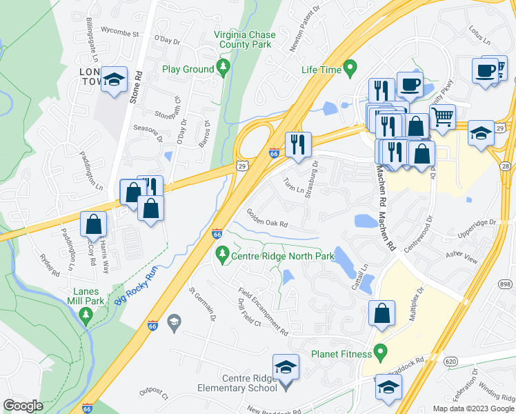 map of restaurants, bars, coffee shops, grocery stores, and more near 14518 Rustling Leaves Lane in Centreville