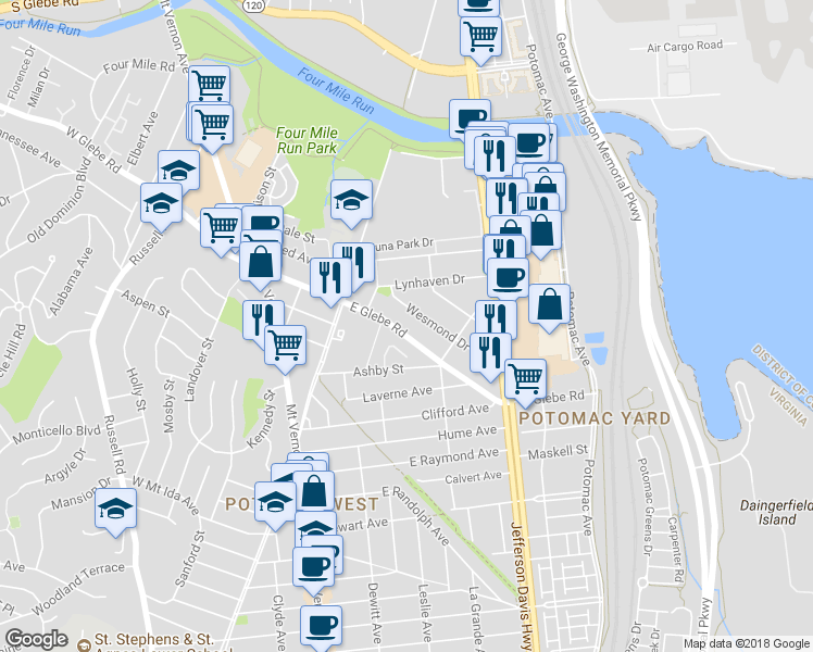 map of restaurants, bars, coffee shops, grocery stores, and more near 116 East Glebe Road in Alexandria