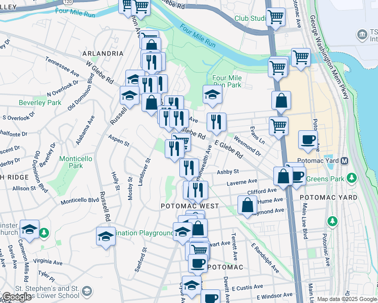 map of restaurants, bars, coffee shops, grocery stores, and more near 39 Herbert Street in Alexandria
