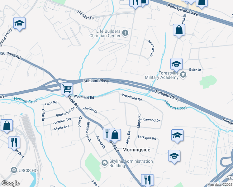map of restaurants, bars, coffee shops, grocery stores, and more near 4001 Forest Grove Drive in Morningside