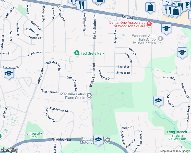 map of restaurants, bars, coffee shops, grocery stores, and more near 4301 Burke Station Road in Fairfax