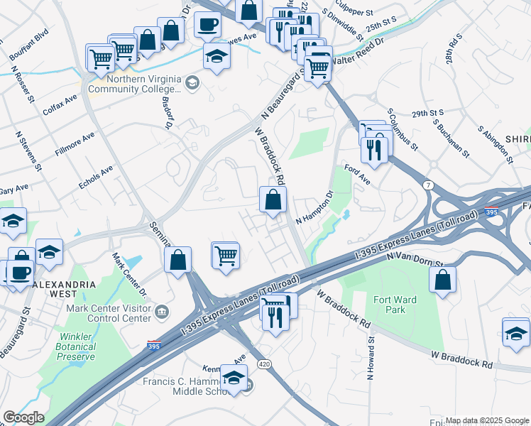 map of restaurants, bars, coffee shops, grocery stores, and more near 2424 Garnett Drive in Alexandria