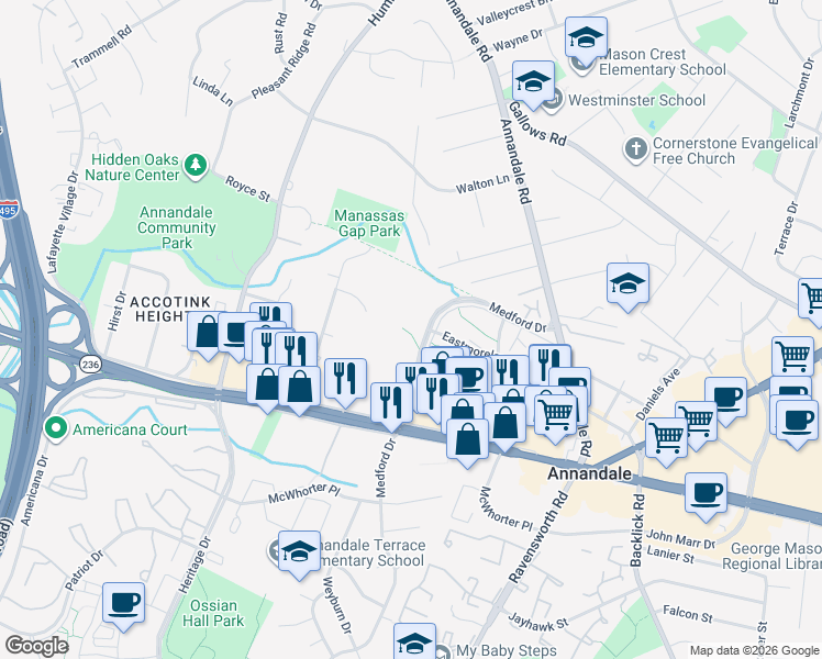 map of restaurants, bars, coffee shops, grocery stores, and more near 4121 Wadsworth Court in Annandale