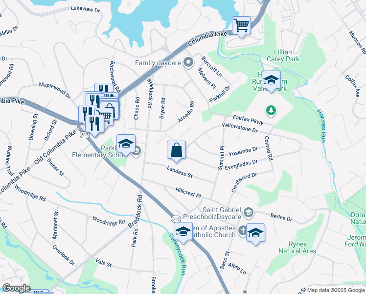 map of restaurants, bars, coffee shops, grocery stores, and more near 6316 Yellowstone Drive in Alexandria