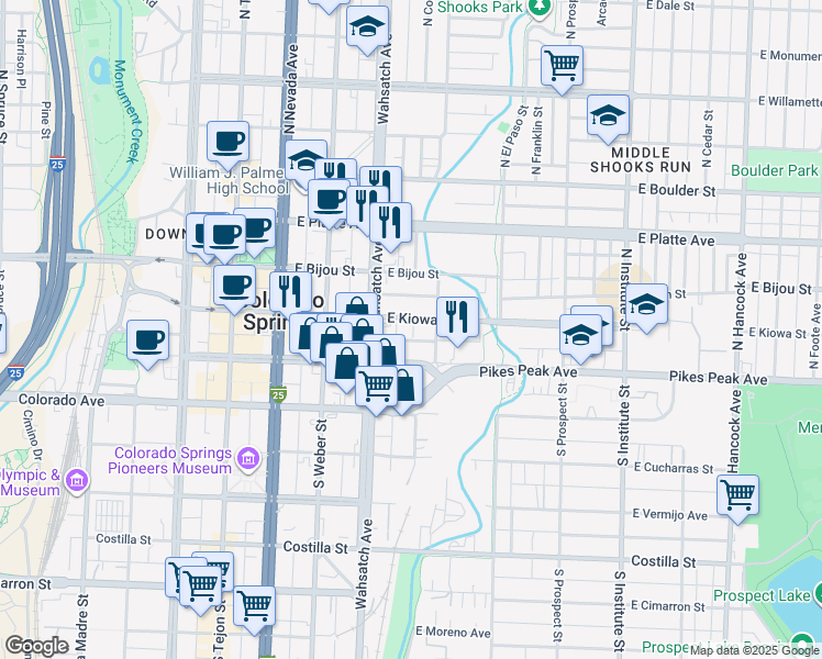 map of restaurants, bars, coffee shops, grocery stores, and more near 417 East Kiowa Street in Colorado Springs