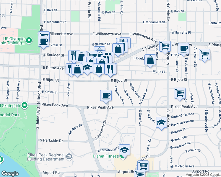 map of restaurants, bars, coffee shops, grocery stores, and more near 122 Lawrence Avenue in Colorado Springs