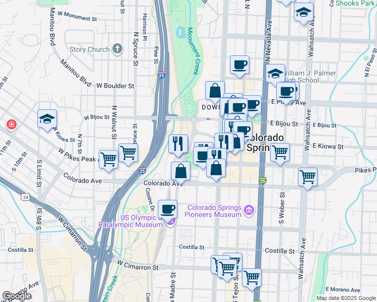 map of restaurants, bars, coffee shops, grocery stores, and more near 9 South Sierra Madre Street in Colorado Springs