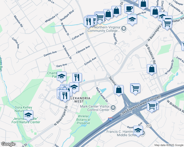 map of restaurants, bars, coffee shops, grocery stores, and more near 2643 Centennial Court in Alexandria