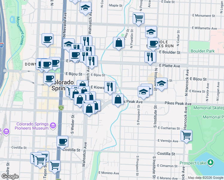 map of restaurants, bars, coffee shops, grocery stores, and more near 525 East Kiowa Street in Colorado Springs