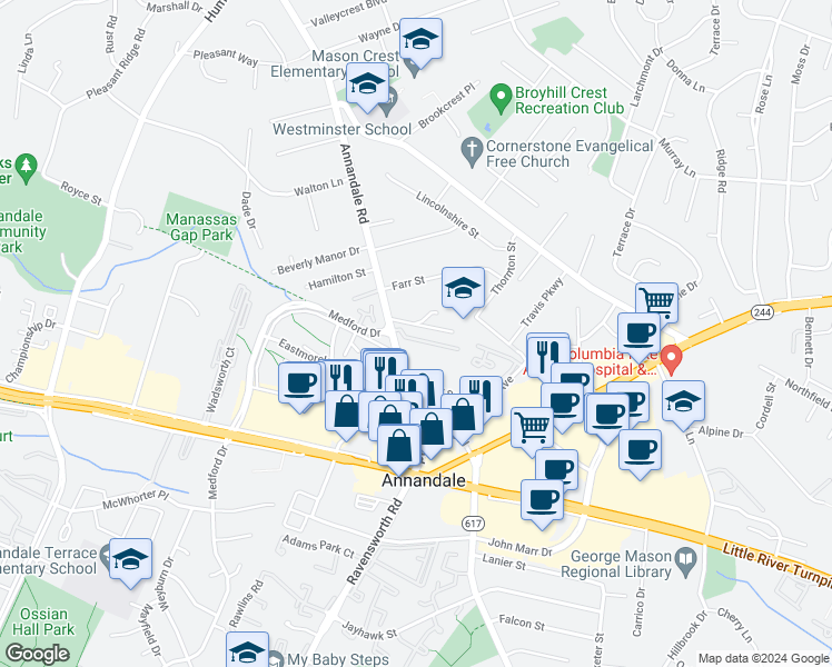 map of restaurants, bars, coffee shops, grocery stores, and more near 7264 Glen Hollow Court in Annandale