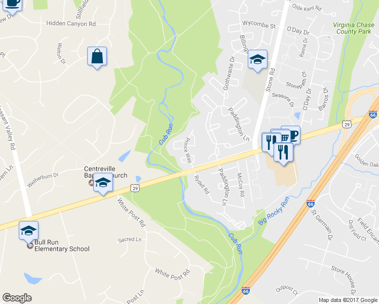 map of restaurants, bars, coffee shops, grocery stores, and more near 6303 Prince Way in Centreville