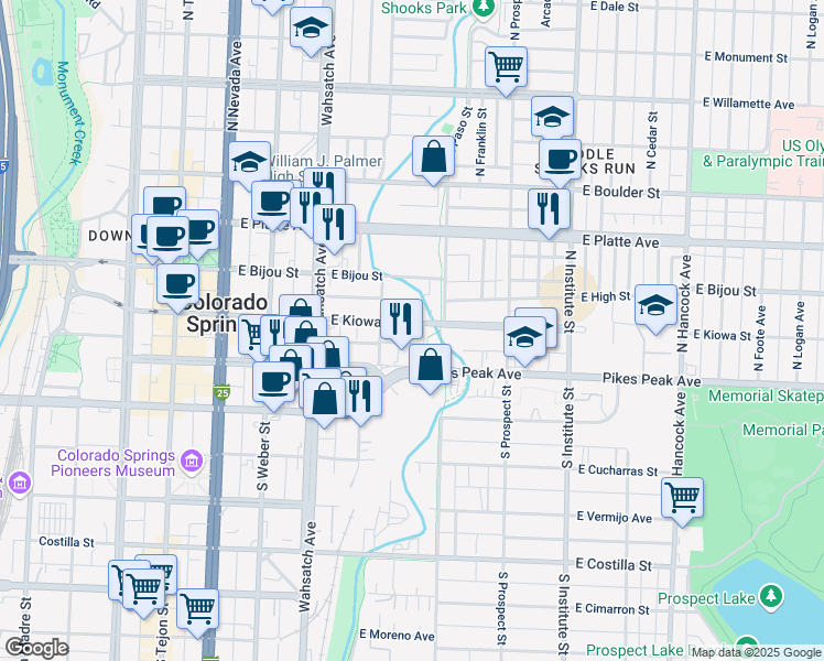 map of restaurants, bars, coffee shops, grocery stores, and more near 525 East Kiowa Street in Colorado Springs