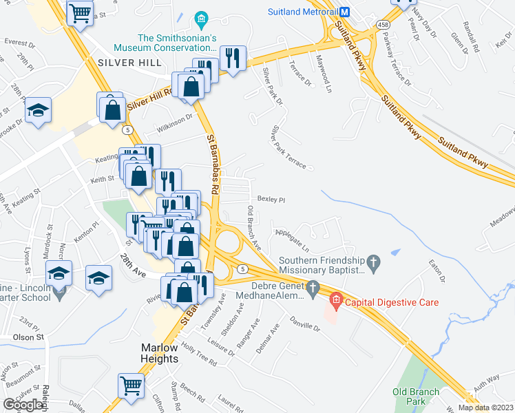 map of restaurants, bars, coffee shops, grocery stores, and more near 4108 Apple Leaf Way in Suitland-Silver Hill