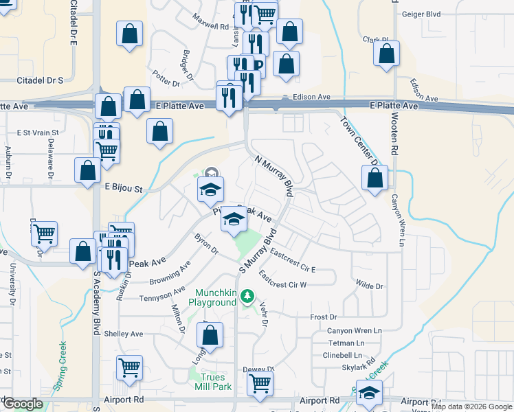 map of restaurants, bars, coffee shops, grocery stores, and more near 4320 East Pikes Peak Avenue in Colorado Springs