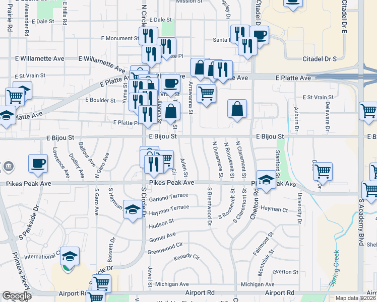 map of restaurants, bars, coffee shops, grocery stores, and more near 120 Arrawanna Street in Colorado Springs
