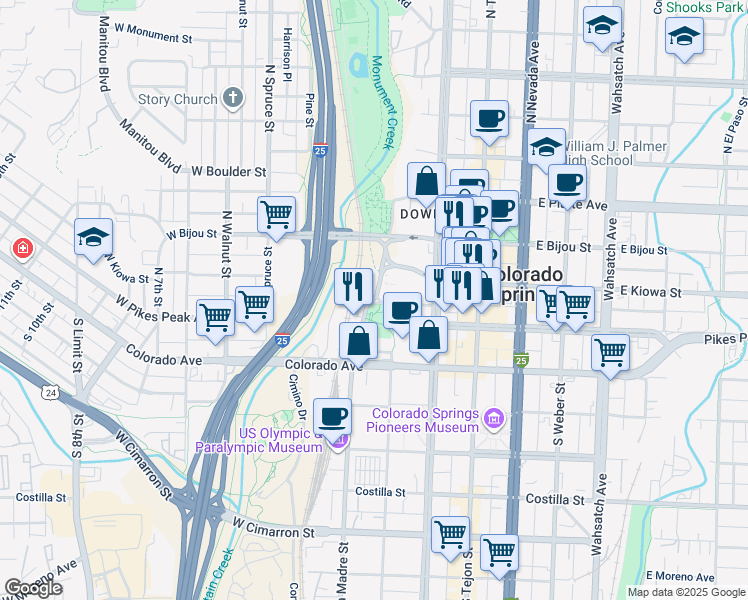 map of restaurants, bars, coffee shops, grocery stores, and more near 100 West Pikes Peak Avenue in Colorado Springs