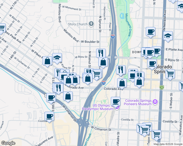 map of restaurants, bars, coffee shops, grocery stores, and more near 413 West Kiowa Street in Colorado Springs
