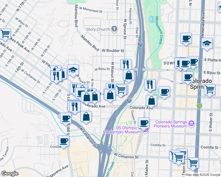 map of restaurants, bars, coffee shops, grocery stores, and more near 14 North Walnut Street in Colorado Springs