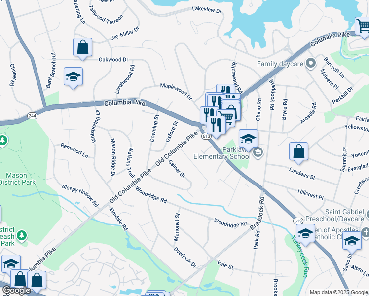 map of restaurants, bars, coffee shops, grocery stores, and more near 4125 Old Columbia Pike in Annandale