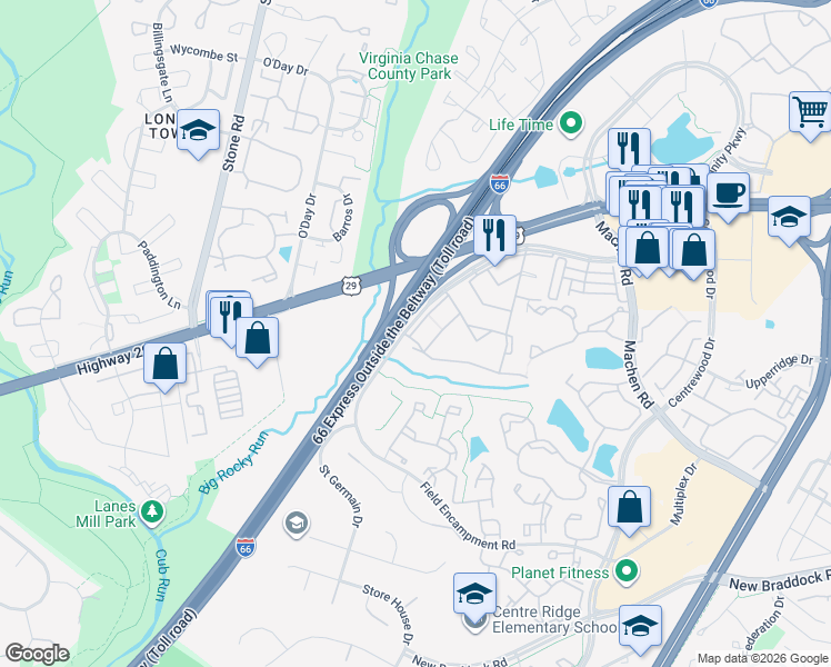 map of restaurants, bars, coffee shops, grocery stores, and more near 14525 Saint Germain Drive in Centreville