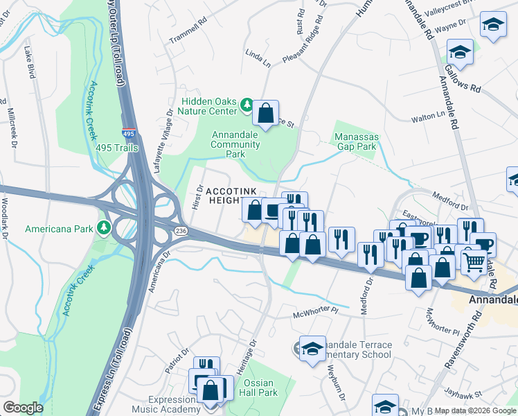 map of restaurants, bars, coffee shops, grocery stores, and more near 3991 Championship Drive in Annandale